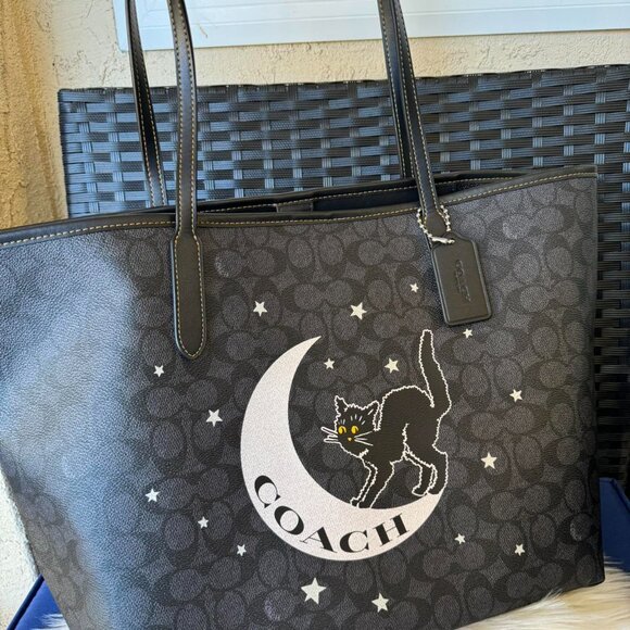 Coach Black Tote with Cat and Moon Motif - Picture 1 of 8